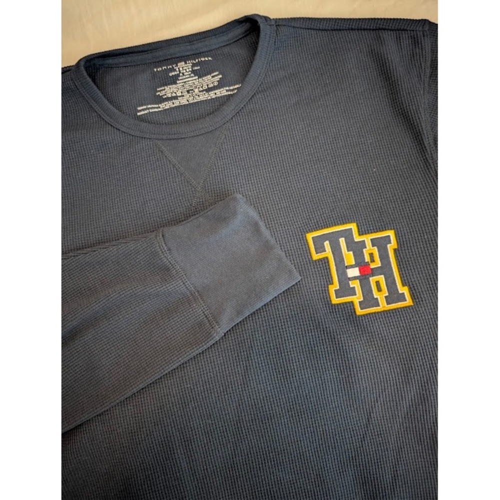 Tommy Hilfiger Waffle Knit Thermal Shirt Mens XL Navy Blue Embroidered